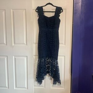 LENA NAVY LACE TRUMPET HEM MIDI DRESS